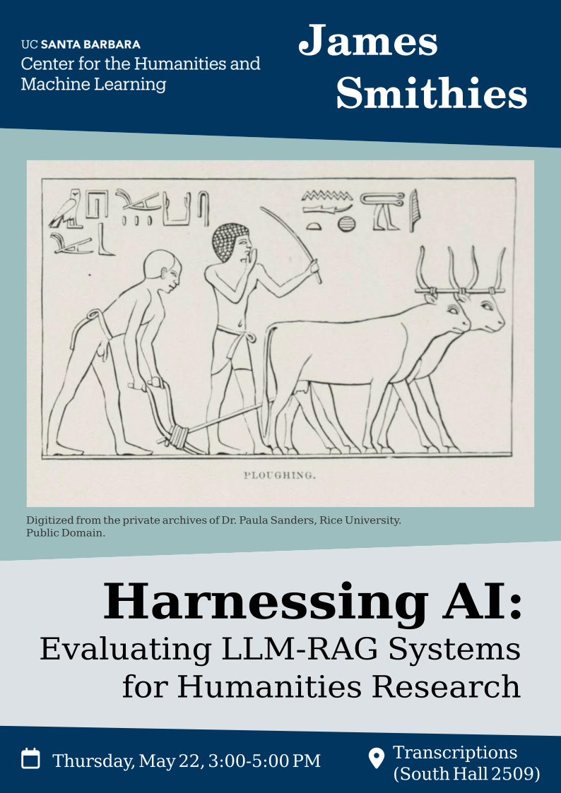 A flyer with the headline "Harnessing AI" below a drawing of two men and two oxen plowing in an ancient Egyptian style