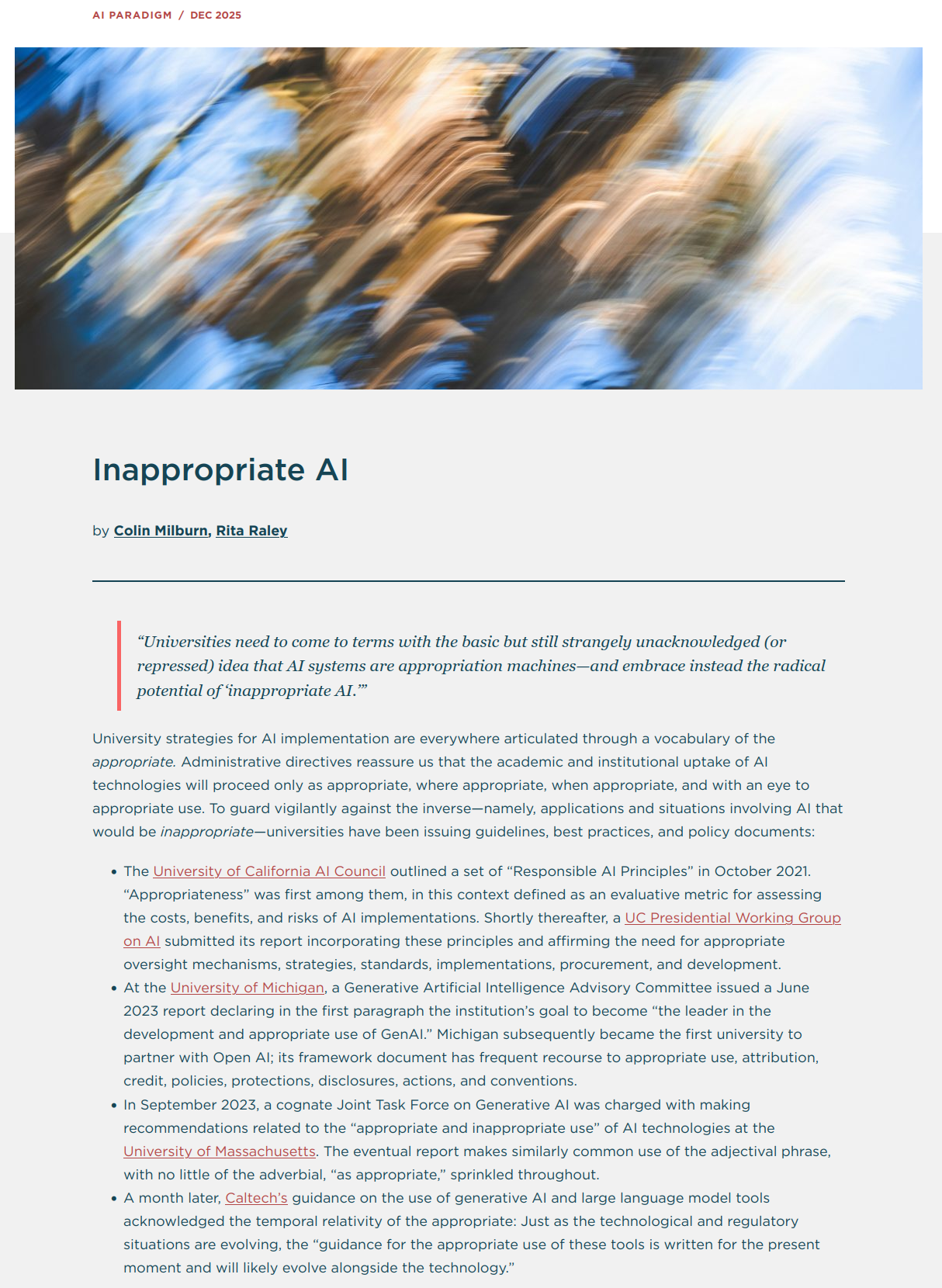 Screenshot of the title and first two paragraphs of an article titled "Inappropriate AI"