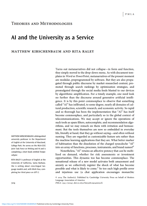 Screenshot of the first page of an article titled "AI and the University as a Service"